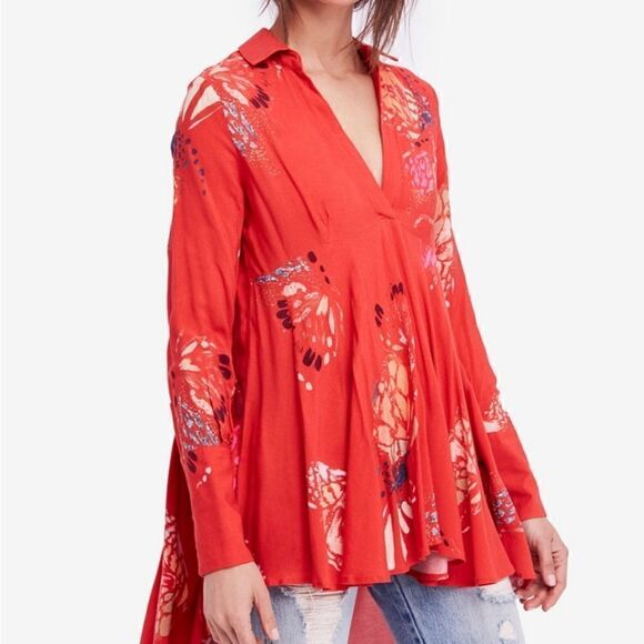 Free People Tops - Free People Field Of Butterflies Tunic Top Floral Orange Medium